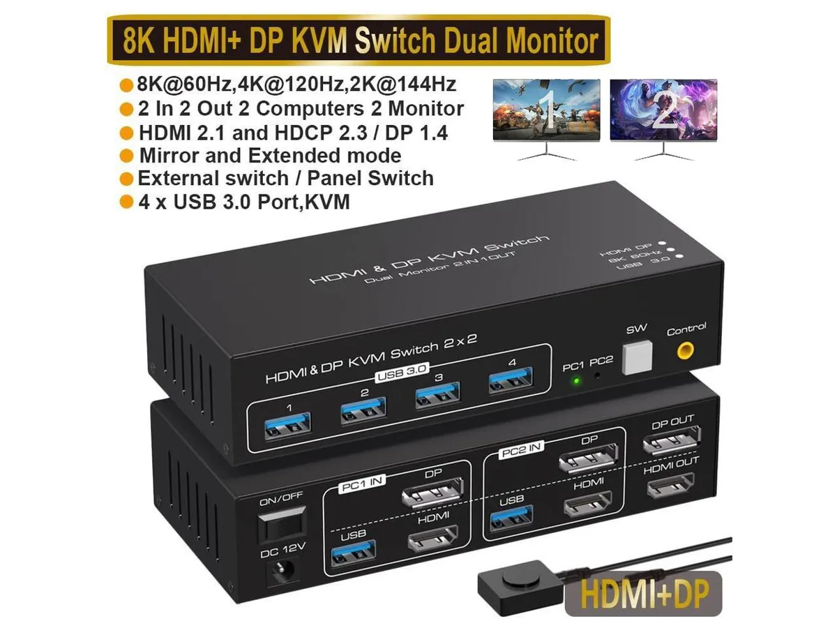 IHDAPP IHDAPP Dual Monitor HDMI DP KVM Switch 2 PC 4 USB 3.0 8K60 4K120 — product photo