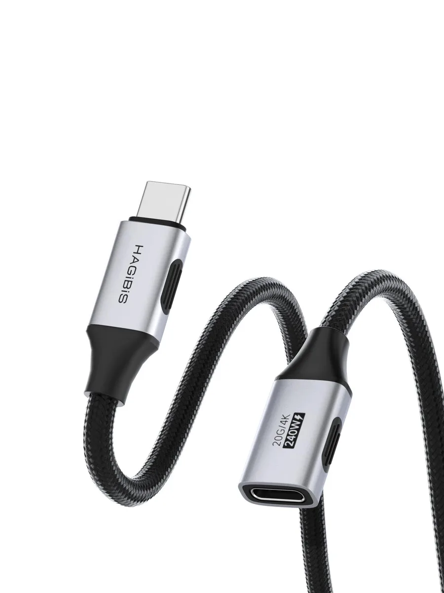 Short grey braided USB-C male-to-female extension cable, 0.5 ft