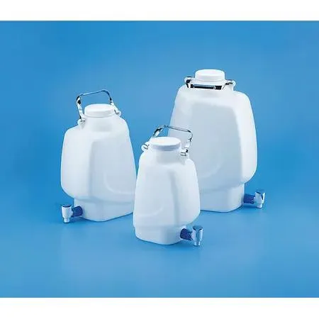 White rectangular polypropylene carboy with integral shoulder handle and stopcock, translucent body, 384.17 mm tall