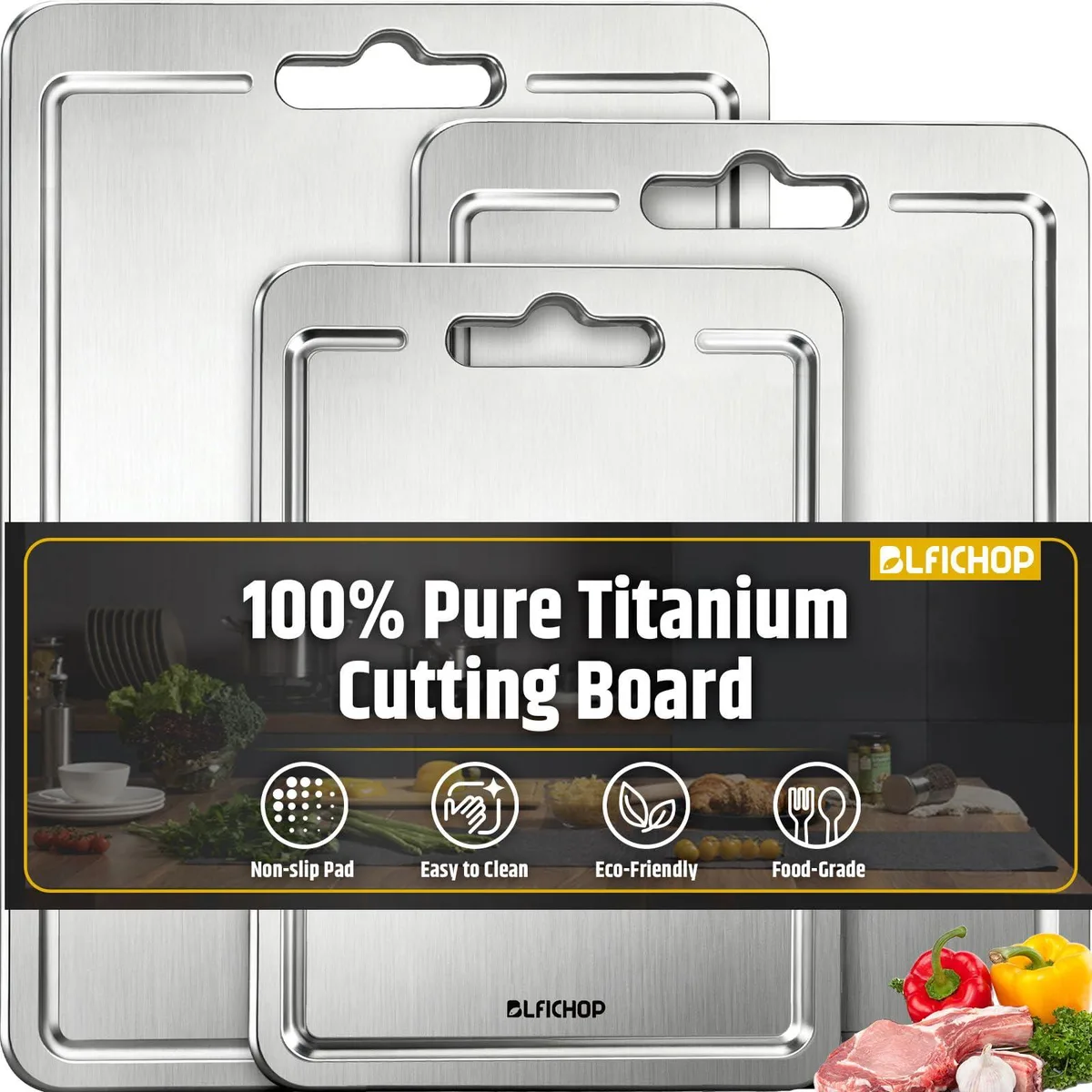 Three grey rectangular titanium boards with juice grooves and non-slip pads