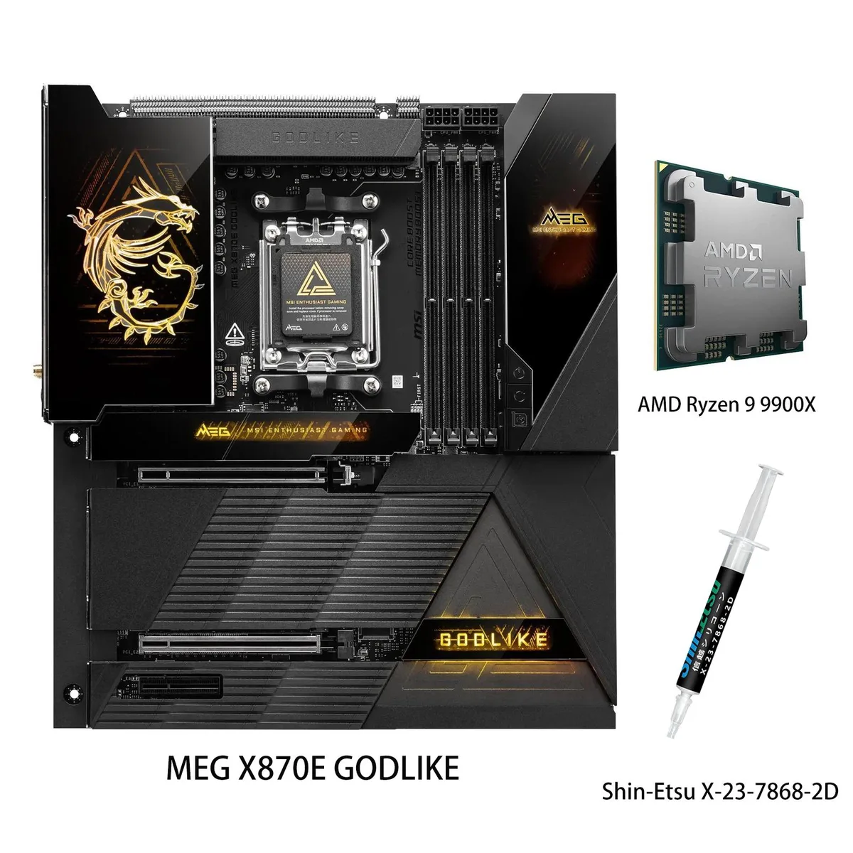 MSI MSI MEG X870E GODLIKE + Ryzen 9 9900X AMD motherboard CPU combo — product photo