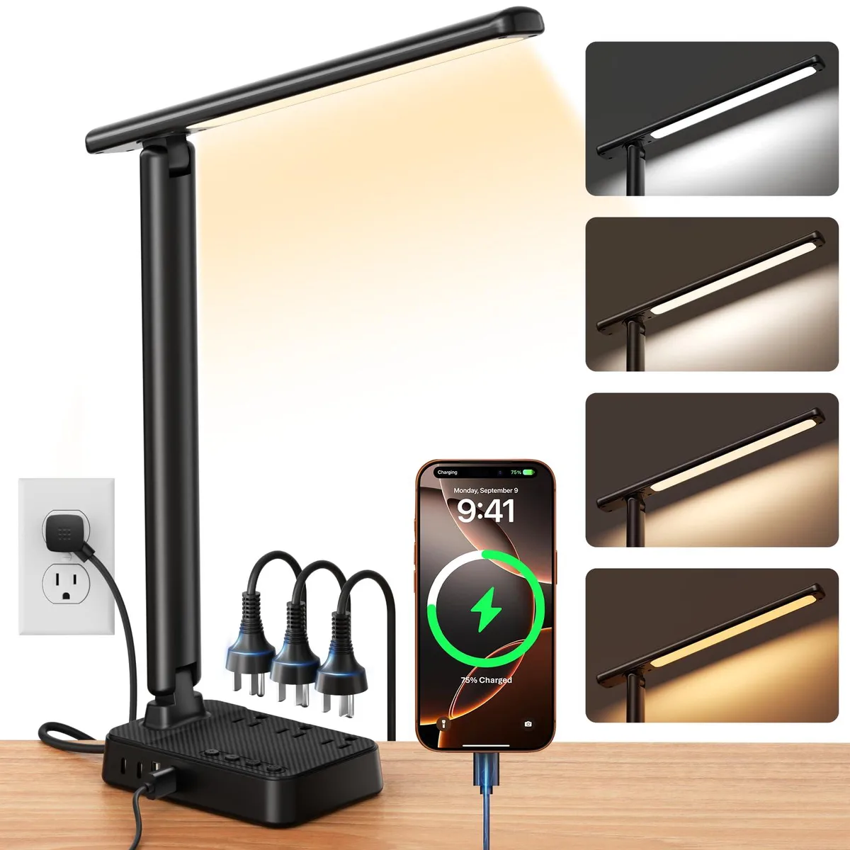 Sompaty HD-ZD0501 LED Desk Lamp with Power Strip 3 AC 4 USB Stepless Dimming — product photo