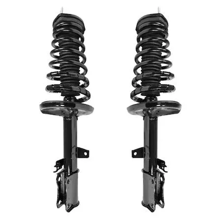 Pair of fully assembled rear strut units with coil springs and top mounts, silver finish