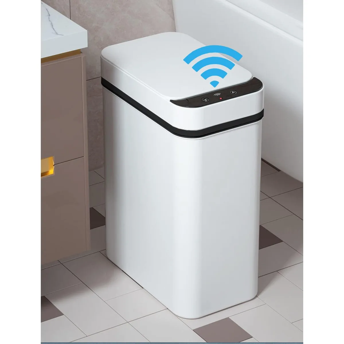 Three white slim plastic sensor bins with lids, 2.5 gallon each