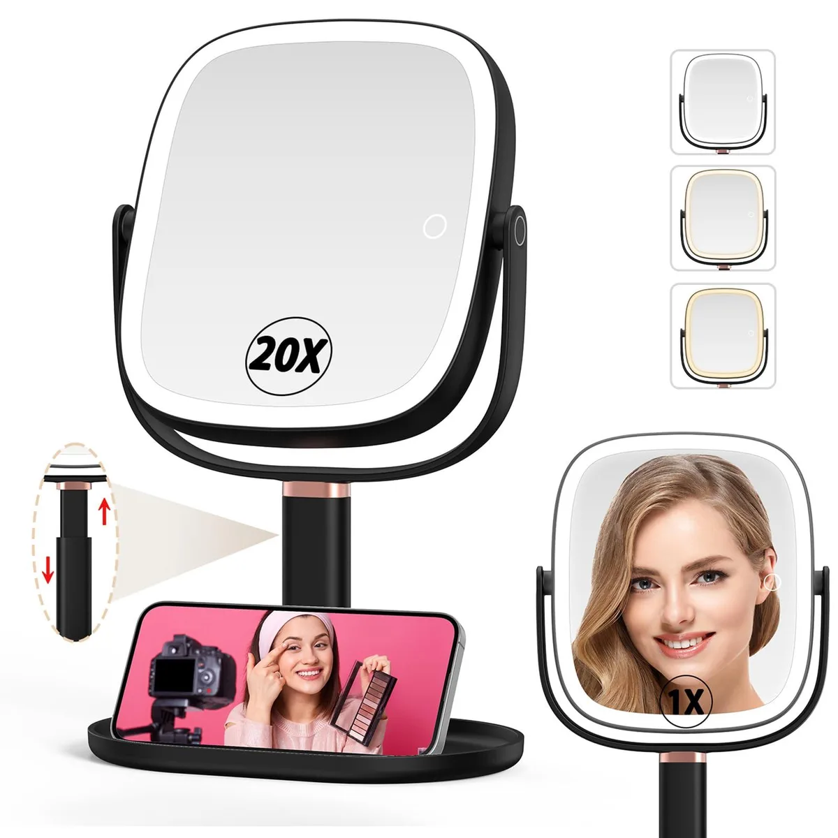 Round black ABS tabletop mirror with LED light ring