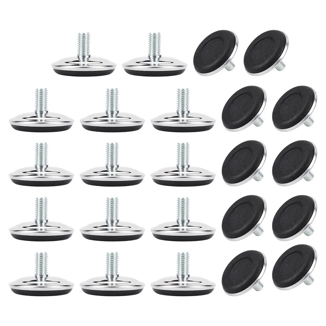 Silver threaded M10 leveling feet with black plastic bases, 24 pieces