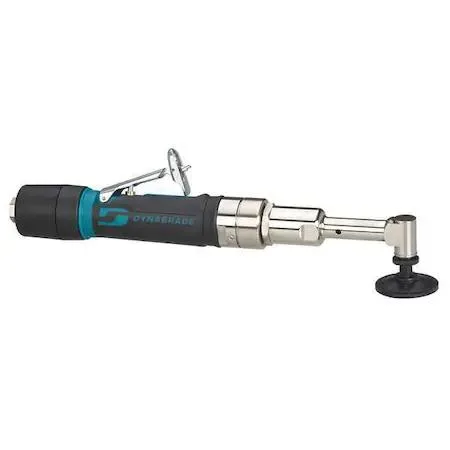 Silver right-angle pneumatic disc sander with 2 inch adhesive pad, compact metal body, rear exhaust, 1/4 inch NPT air inlet
