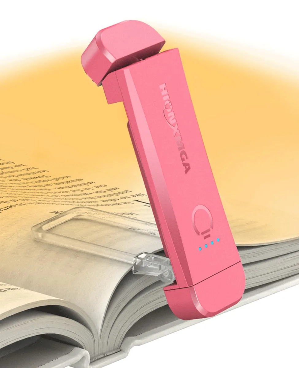 Pink matte plastic clip-on book light with touch panel and seven LEDs