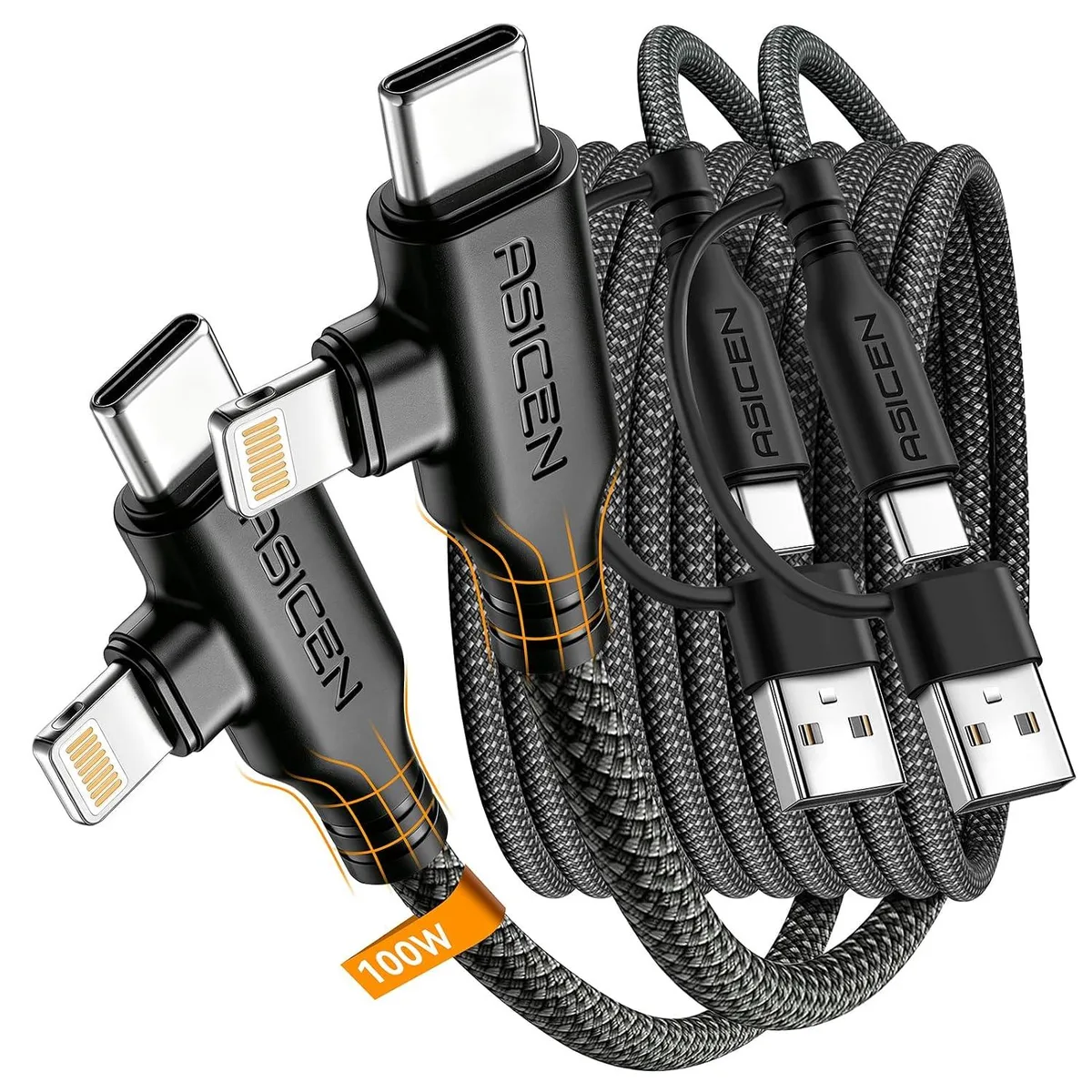 MCHOSE MCHOSE 100W PD 2-in-2 Braided USB-C to 90° Lightning Cable 6ft 2-Pack Black — product photo