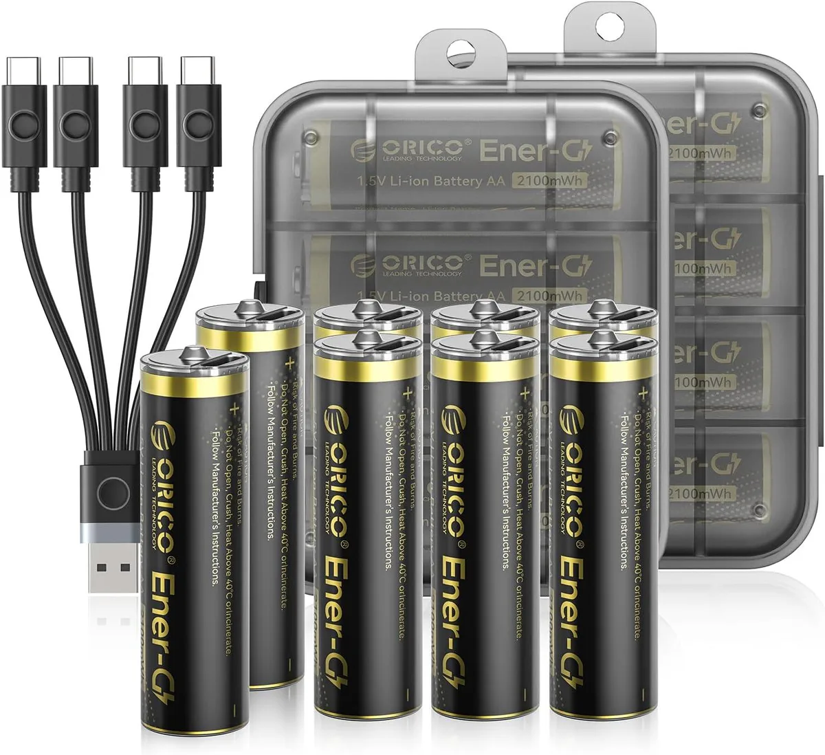 Eight AA lithium-ion batteries with USB-C ports and a one-to-four charging cable