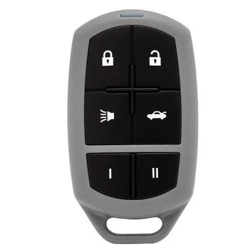 Small black rectangular key fob with six raised buttons textured finish key ring loop