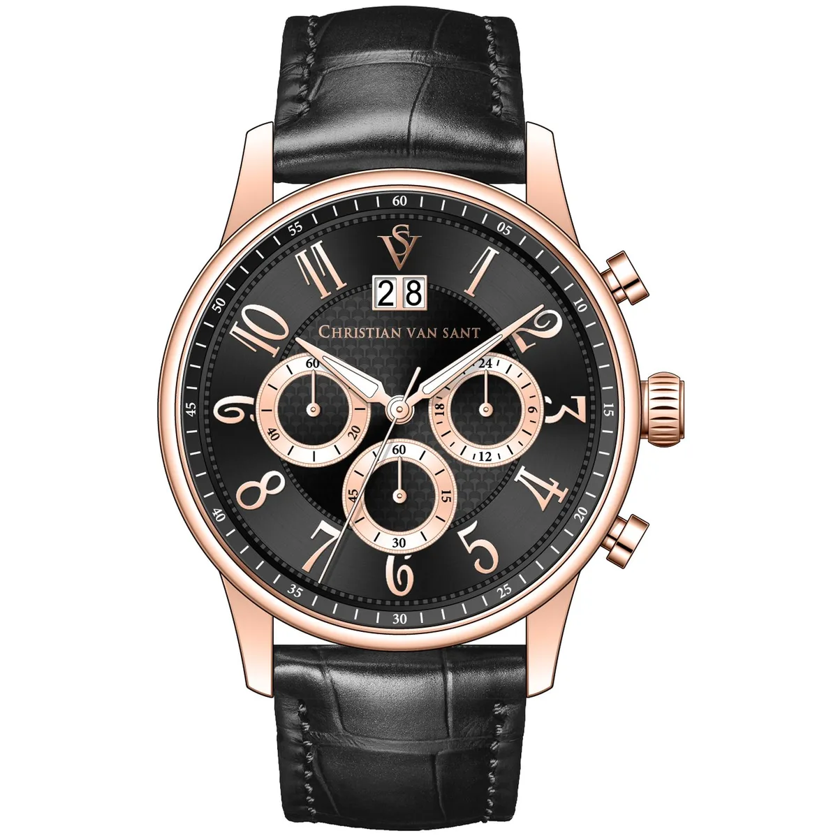 Silver stainless steel case, black dial, leather strap
