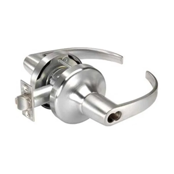 Satin chrome lever lockset, cylindrical storeroom style