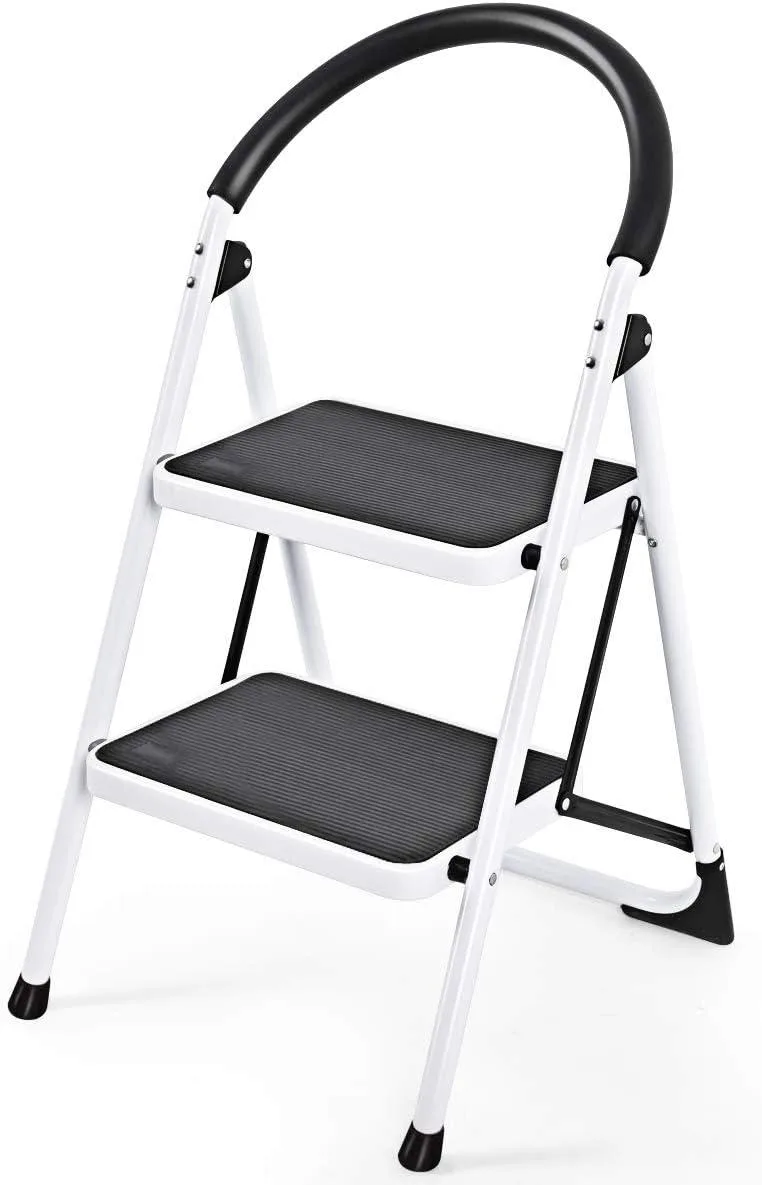Lightweight folding two-step iron ladder with powder-coated finish, wide anti-slip steps and rubber foot pads