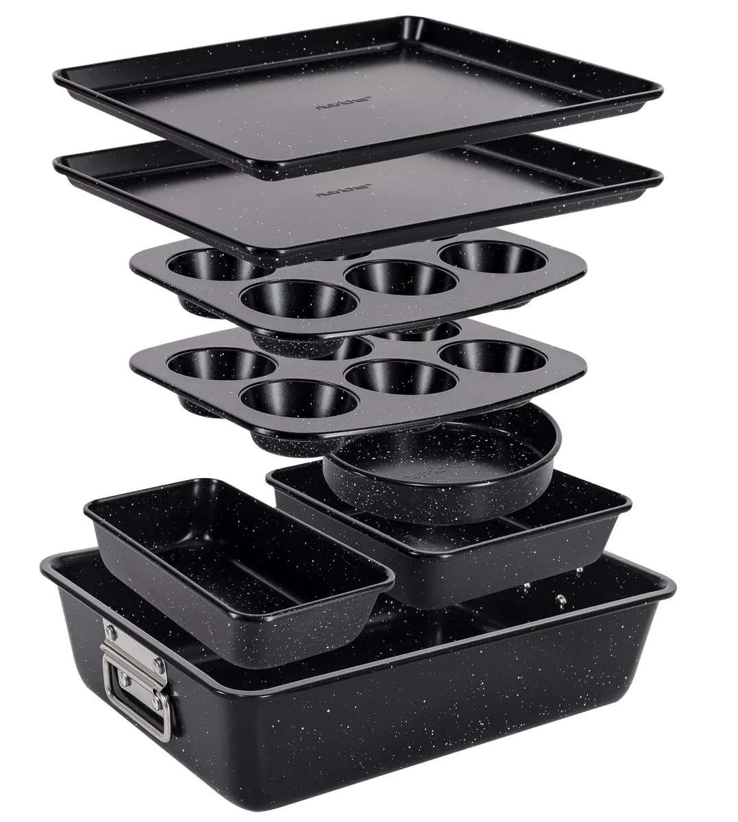 Black marble finish carbon steel bakeware set, eight stackable pieces including sheet, muffin, round, loaf, square and deep pans