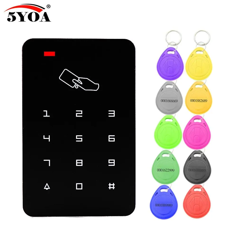 Rectangular silver keypad with twelve buttons and ten grey EM keychains