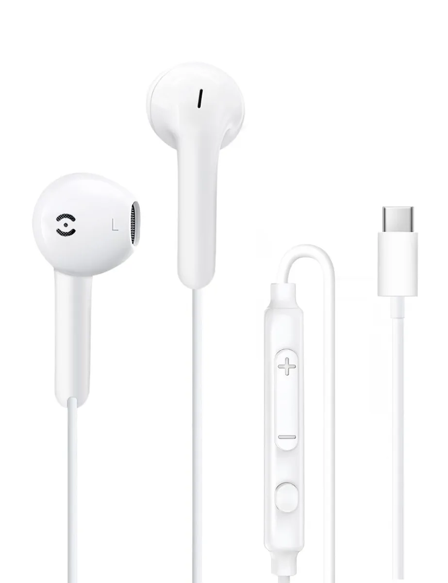 White semi-in-ear USB-C wired earbuds with inline remote