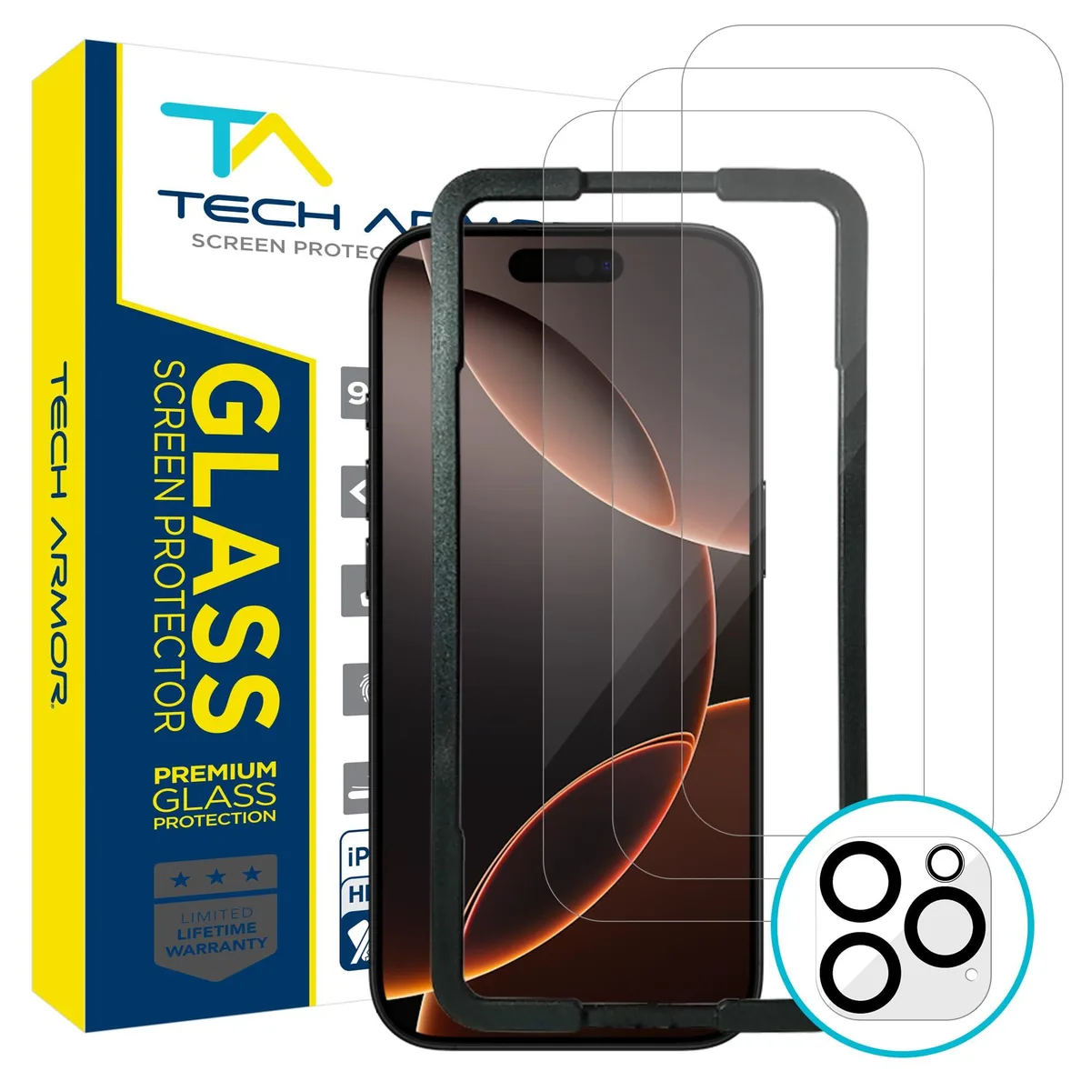  Tech Armor Ballistic Tempered Glass for iPhone 16 Pro 6.3" 3 Pack + Lens Protector - cell phones - unlocked — product photo