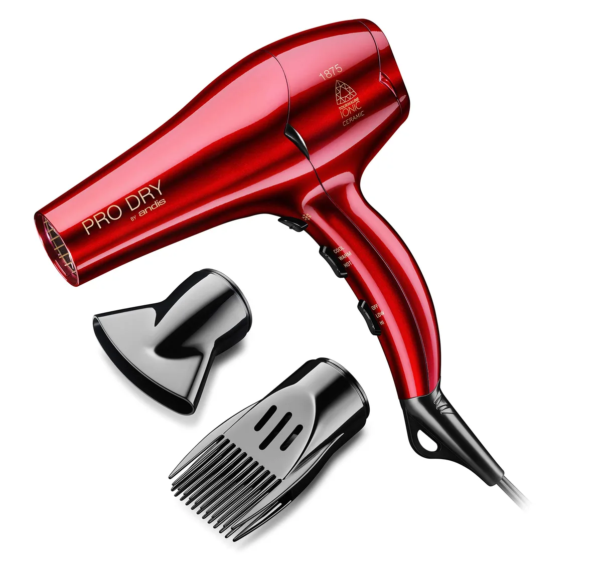 Red handheld hair dryer with soft-touch finish and cool-shot button