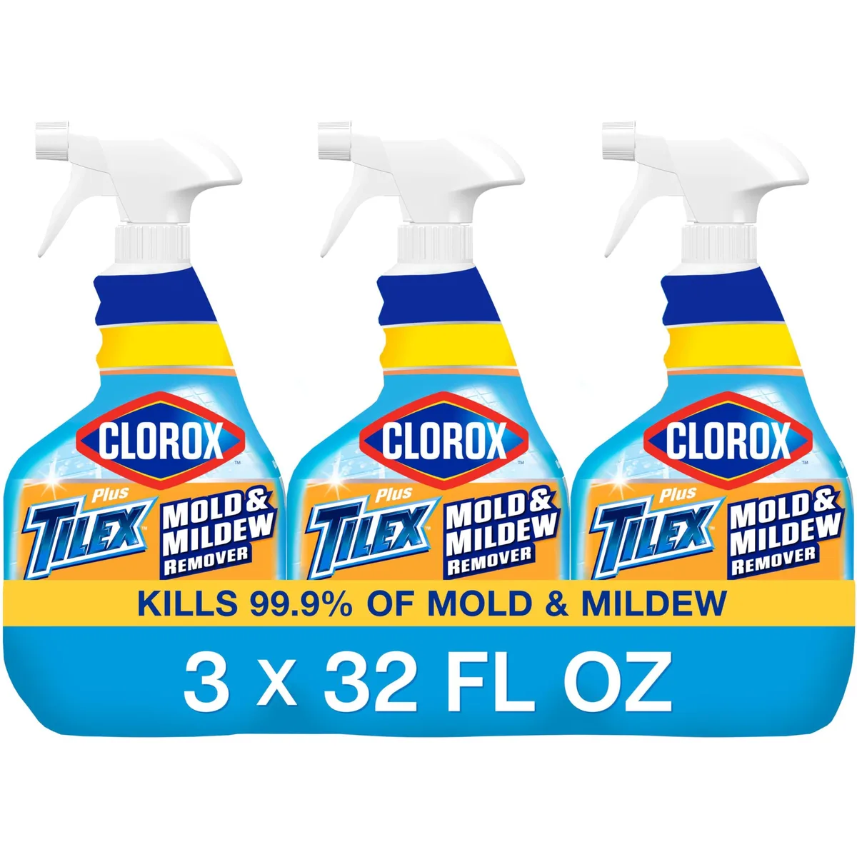 Three white 32 fl oz spray bottles with blue labels and triggers