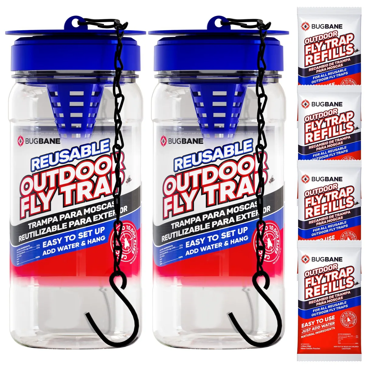 BugBane 2 Reusable Fly Traps with 4 Bait Refills and Chains — product photo