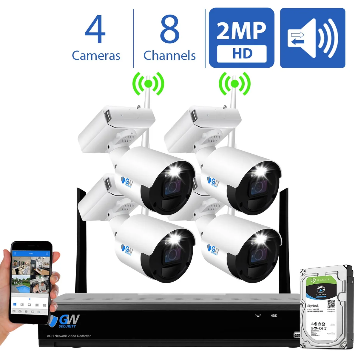 GW Security Inc. GW Security Inc 8 Channel 1080P Wireless Surveillance System 4 Camera 180 Day Battery 165ft Range IP66 — product photo