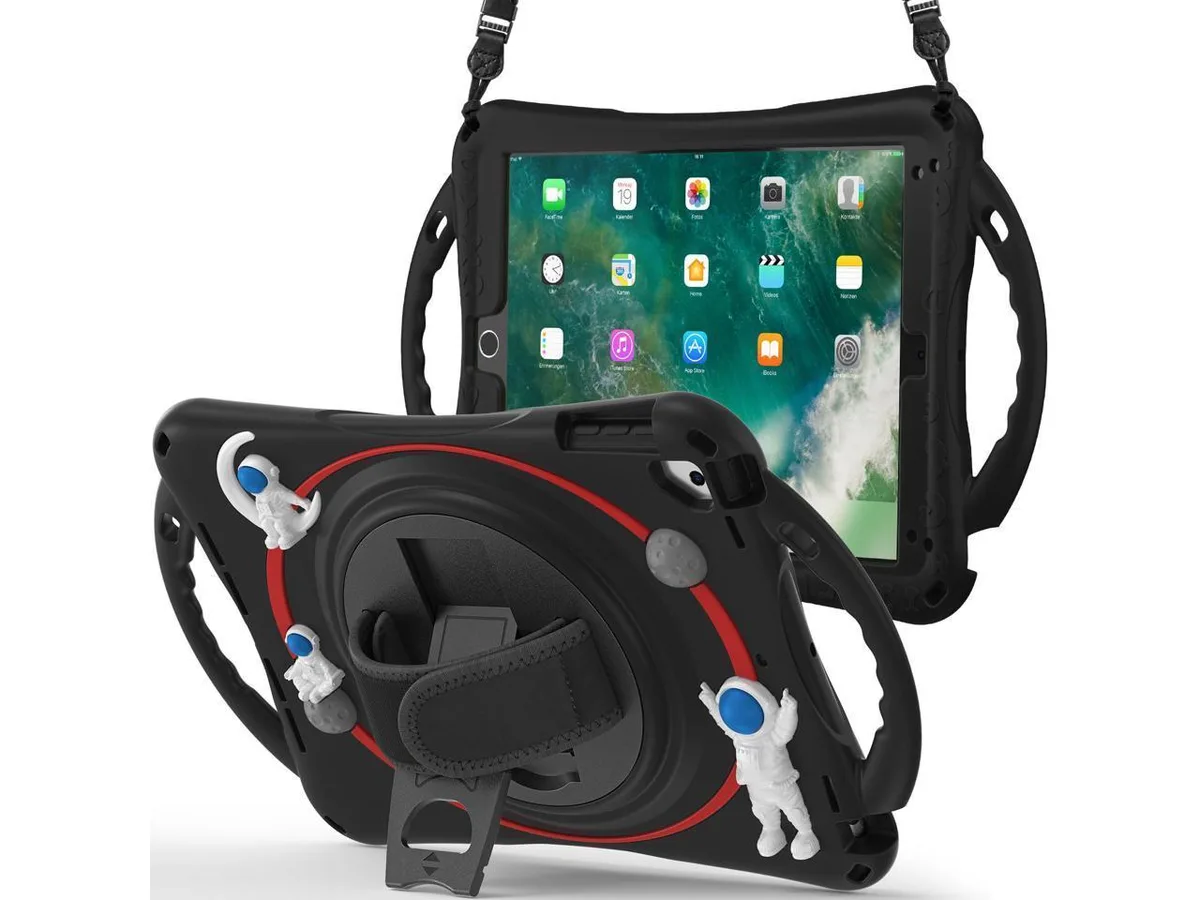 Black silicone iPad case with astronaut design, built-in stand, shoulder strap, handle grip and pencil holder