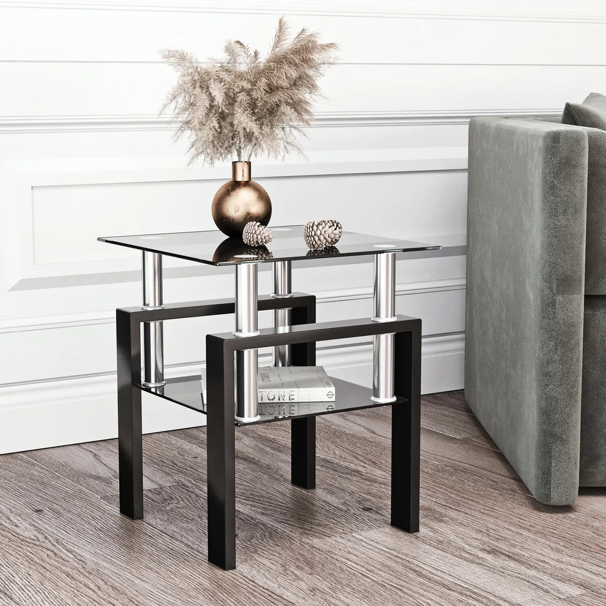 tuphen tuphen End Table Black Tempered Glass 17.72" 20.5" 150lbs — product photo