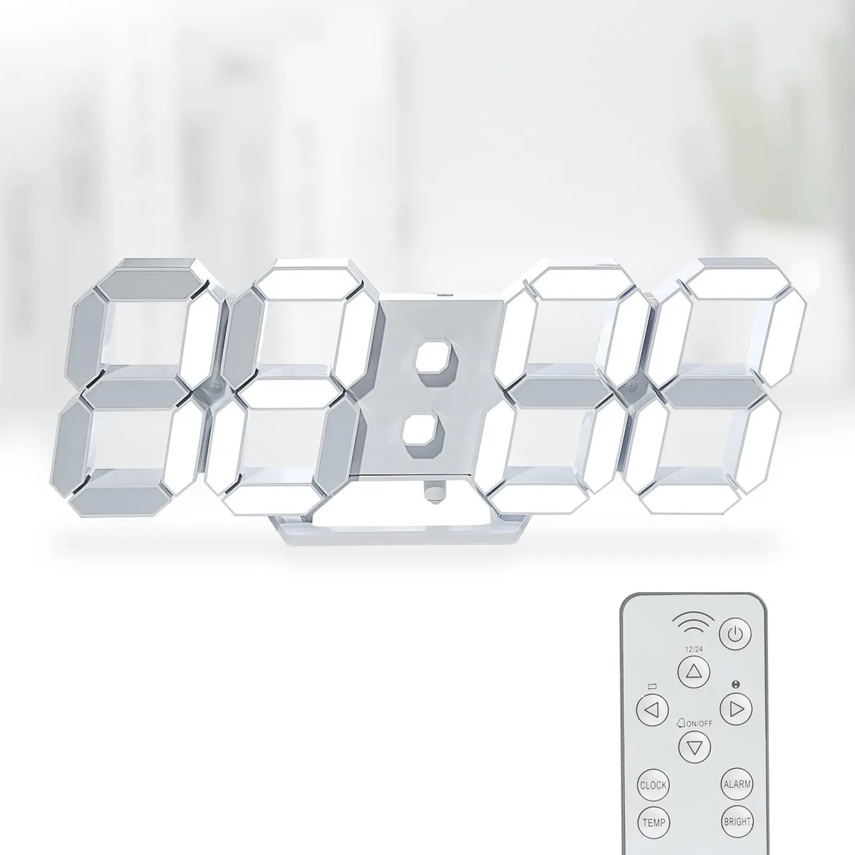 White rectangular 3D LED digital wall clock 9.7 inches with desktop bracket