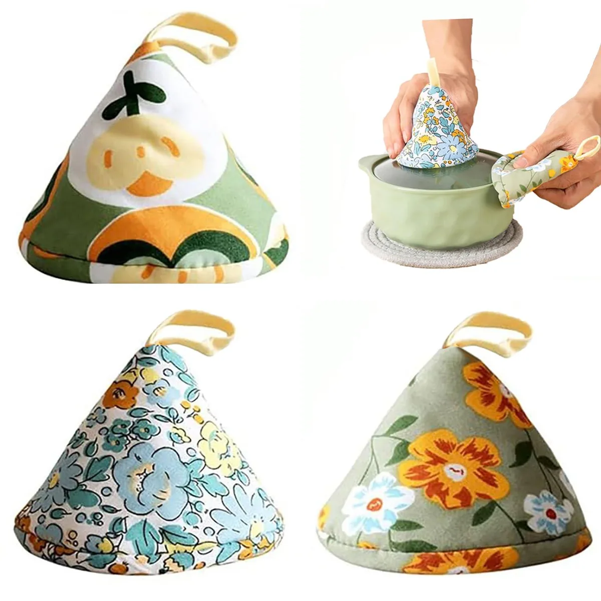 Three triangular silicone pot-lid handle covers with hanging loops