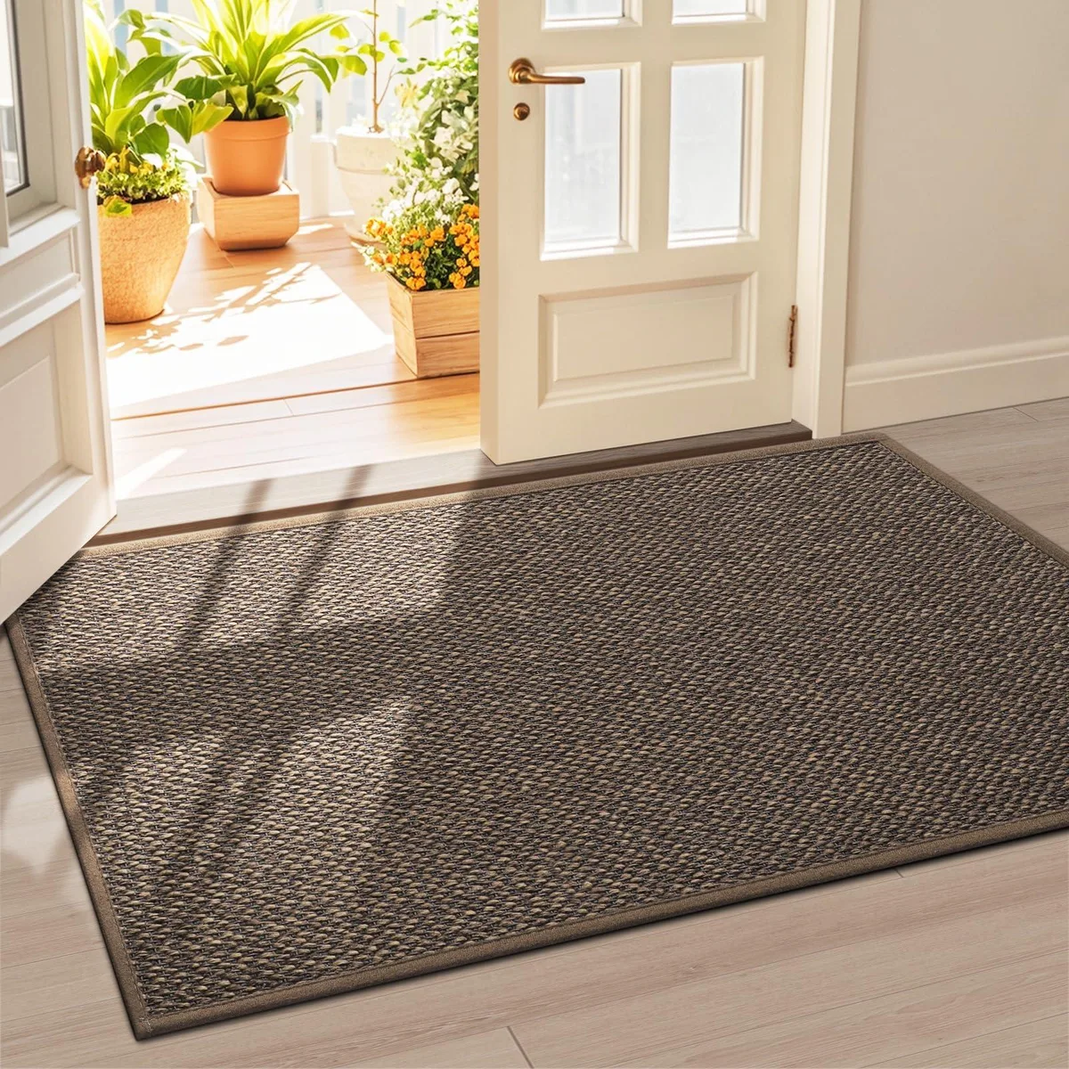 Rectangular bamboo door mat with brown striped finish, rubber backing, low-profile weave