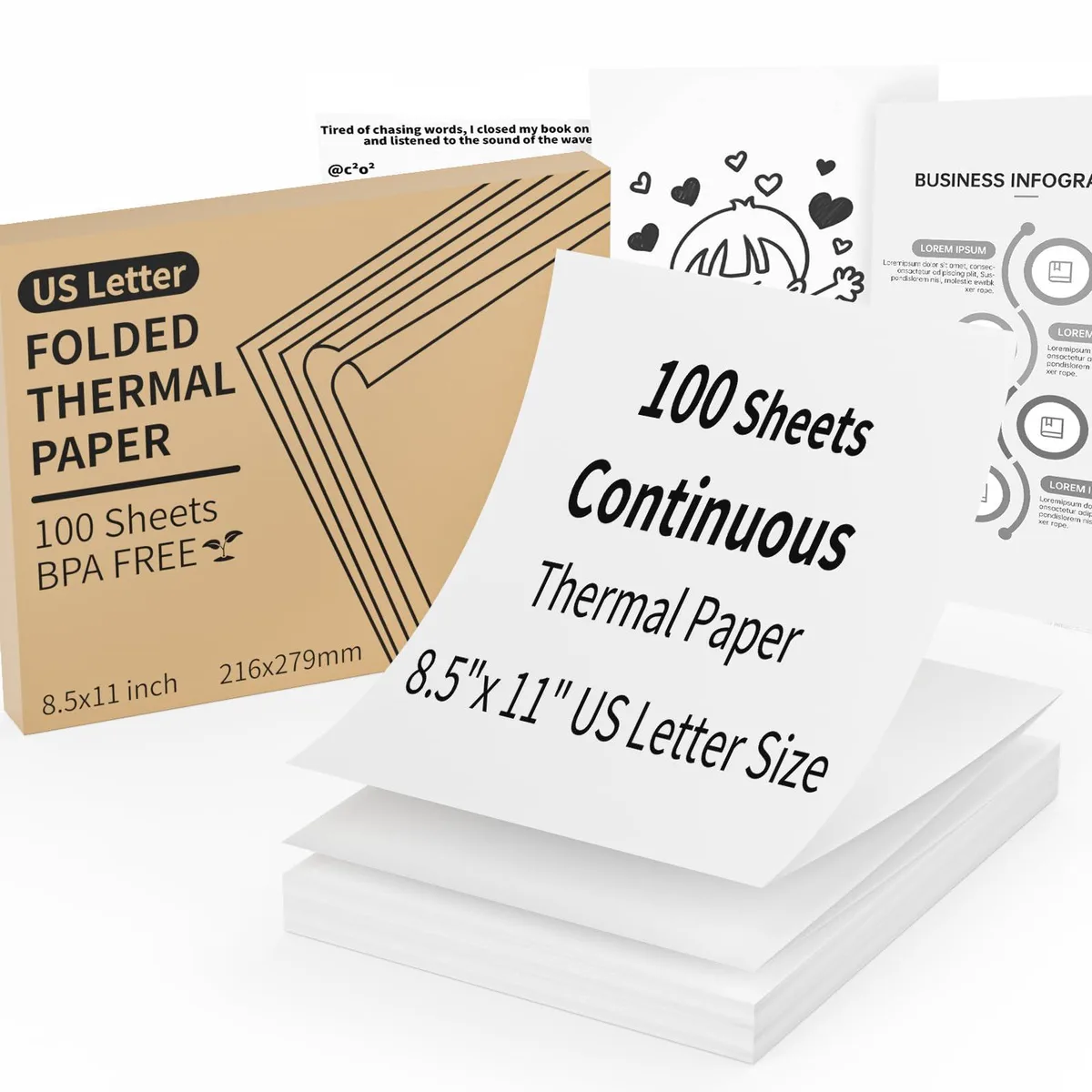 White US Letter thermal paper sheets in continuous folded stack, coated finish, 100 count