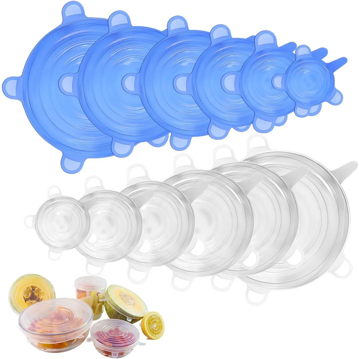 Twelve white and blue silicone stretch lids in six sizes from 2.7 to 7.9 inches