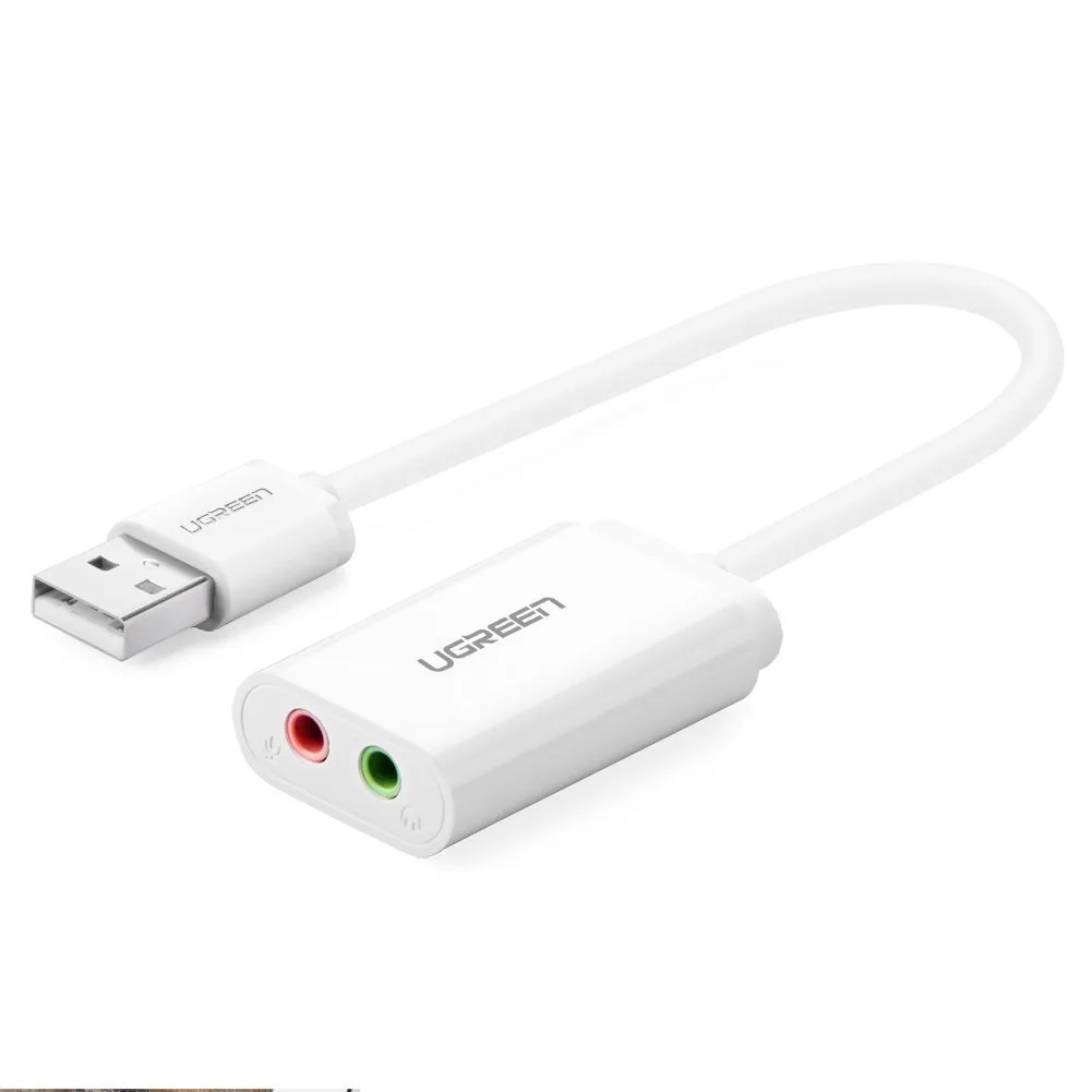 White USB audio adapter dongle with headphone and microphone jacks