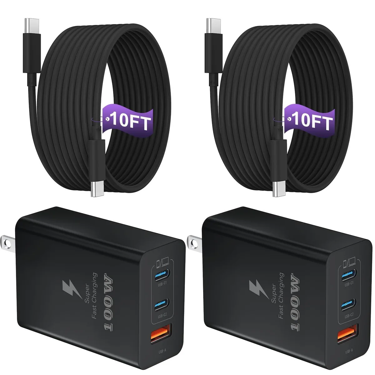 Two black compact GaN chargers with folding prongs and two long USB-C cables coiled beside them