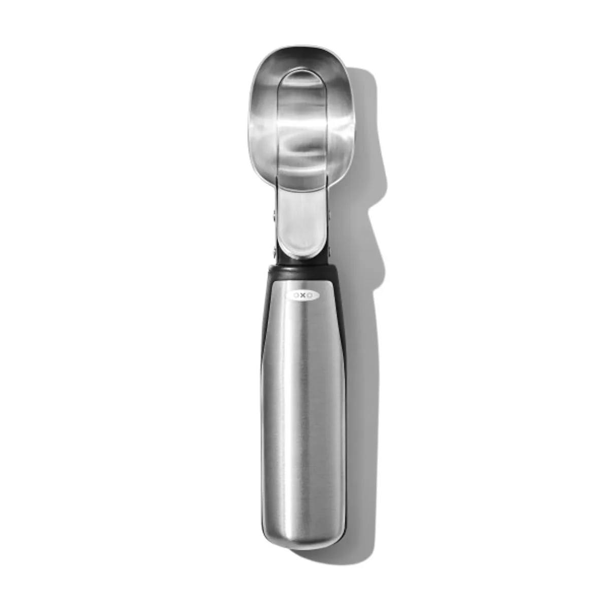 OXO Steel Lever Ice Cream Scoop Large with brushed stainless steel handle and soft non-slip grips