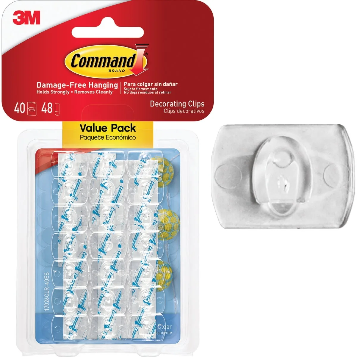 Clear plastic decorating clips, forty clips with forty-eight adhesive strips, small rectangular shape