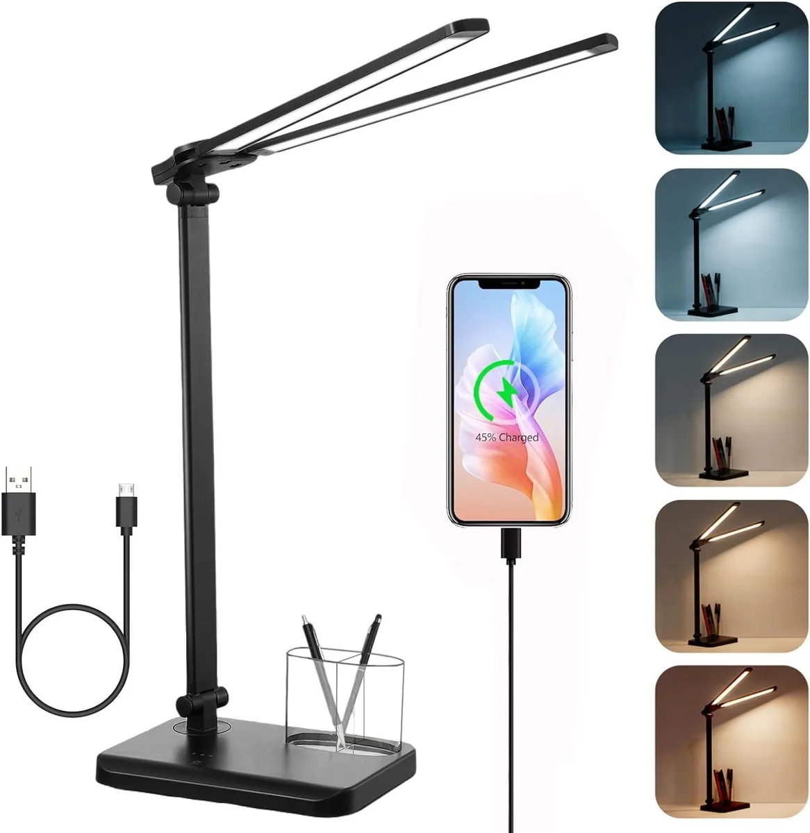 Black dual-head LED desk lamp with two swing arms and a base storage cup