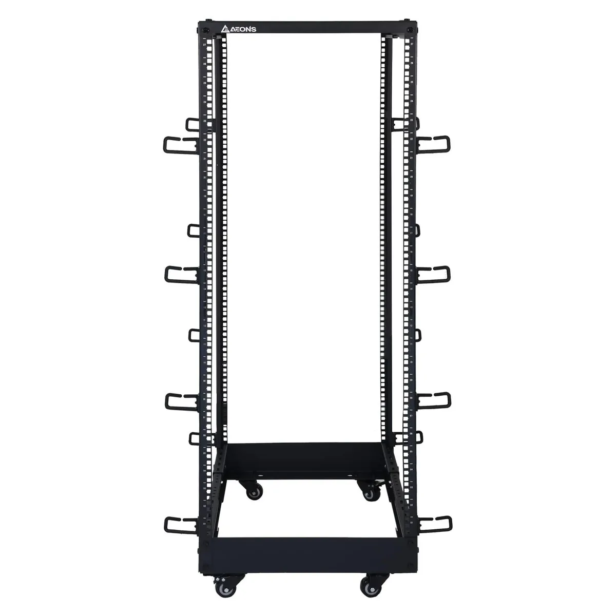Black 27U four-post open frame server rack on casters, powder-coated steel, depth adjustable 22 to 40 inches
