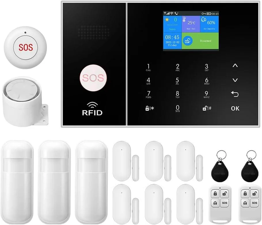 White rectangular alarm hub with motion sensors, door contacts, remotes and siren arranged on a flat surface