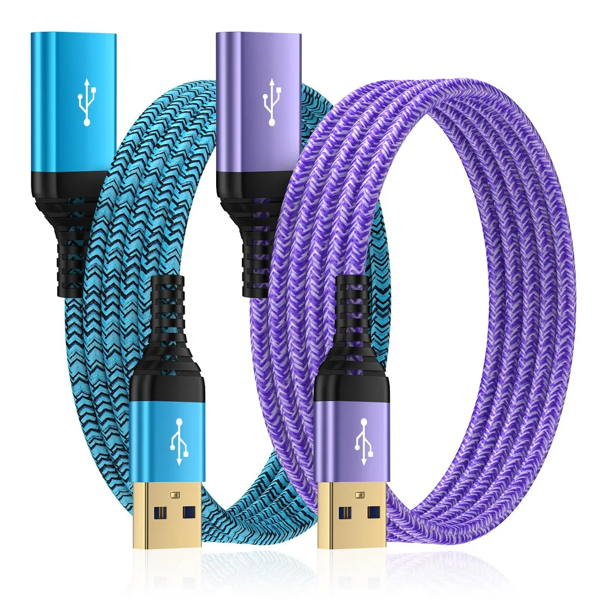 Two braided USB 3.0 extension cables, 10 ft, blue and purple, male-to-female connectors