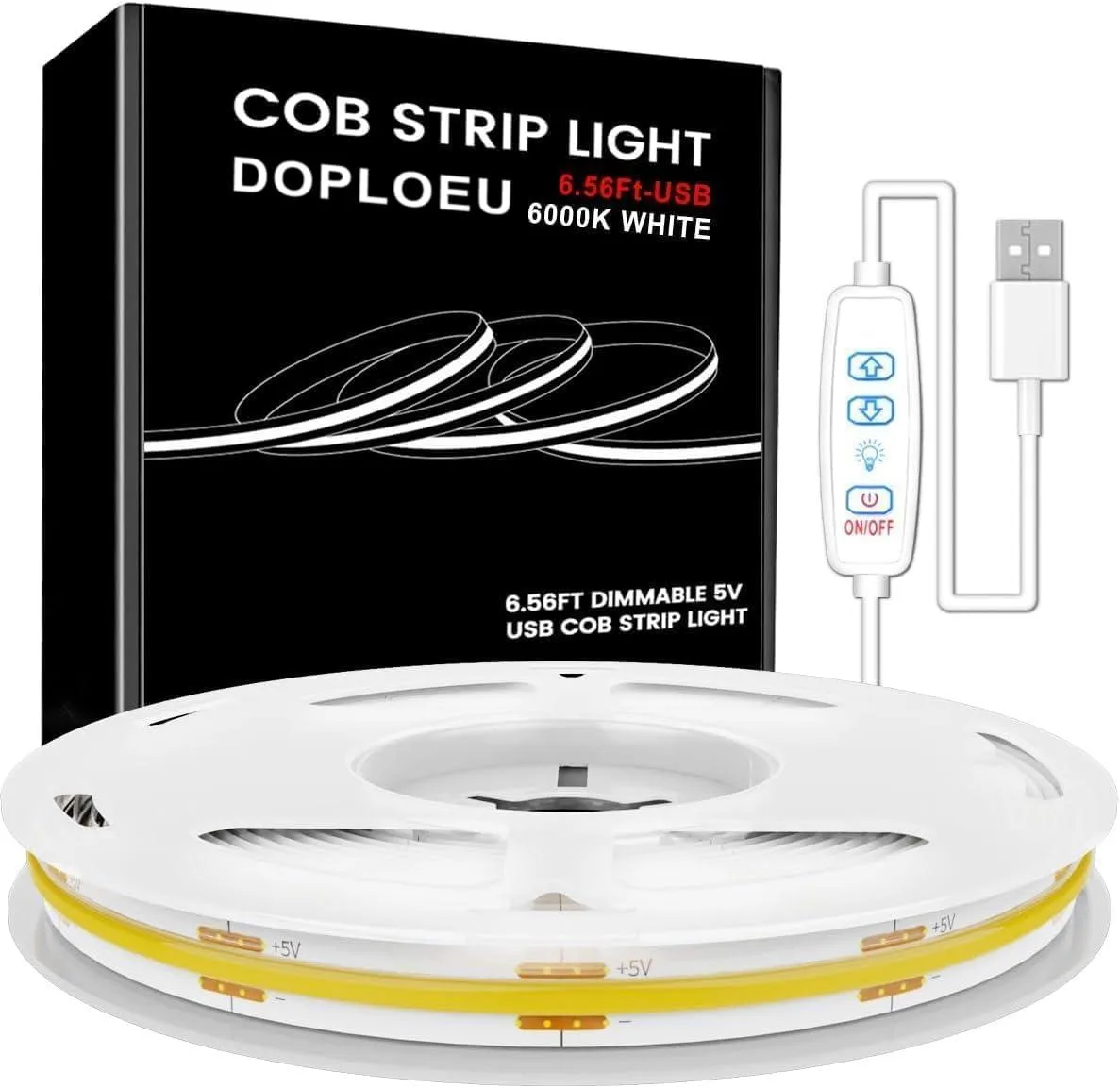 White rectangular COB LED strip 6.56ft with USB plug and dimmer switch