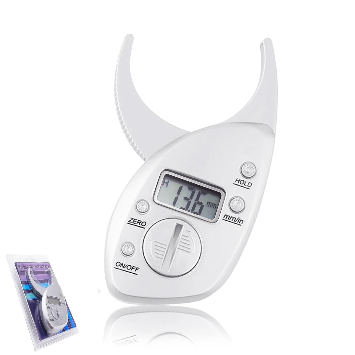 A handheld digital body-fat caliper with an LCD screen and a plastic body