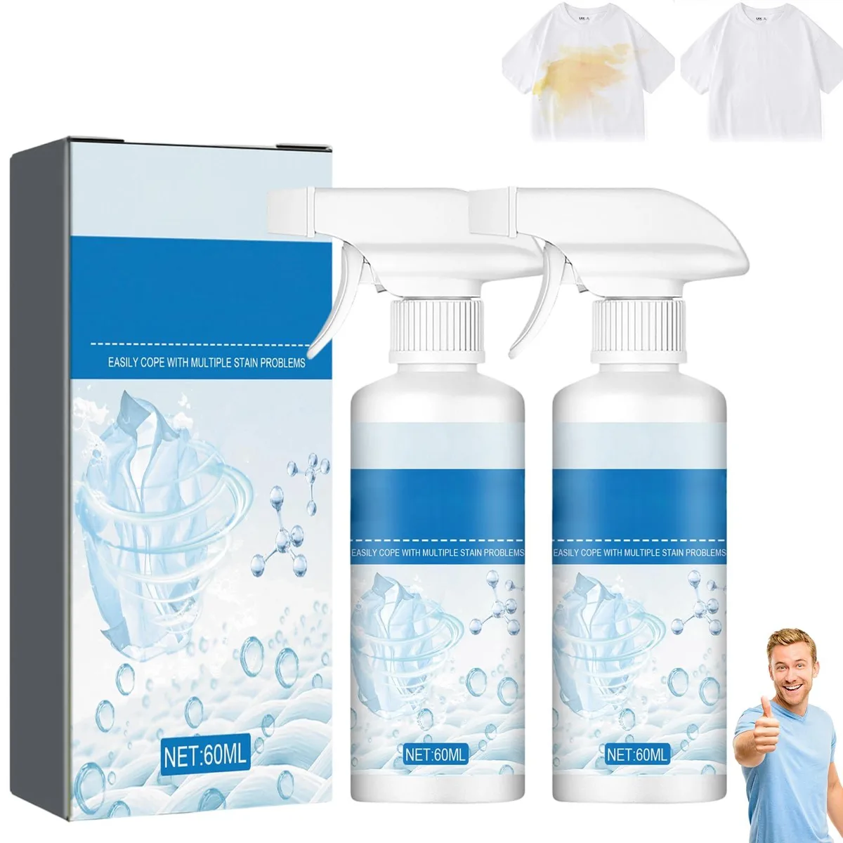 Two spray bottles of stain remover, white plastic with trigger nozzles