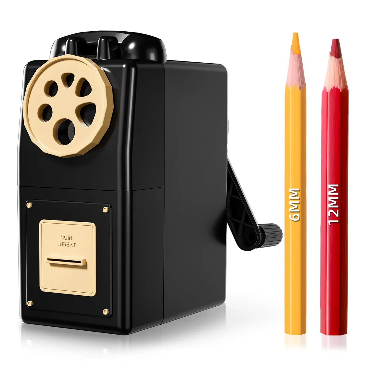 Black desktop hand-crank pencil sharpener with plastic body and metal crank handle