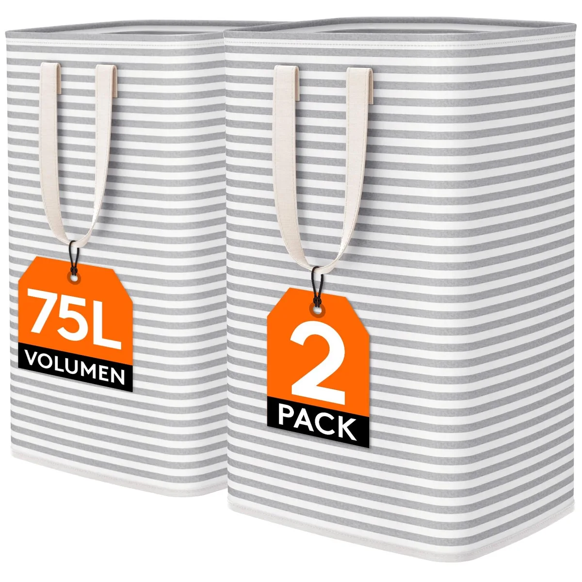 Two freestanding gray fabric laundry hampers with wire top frames and carry handles