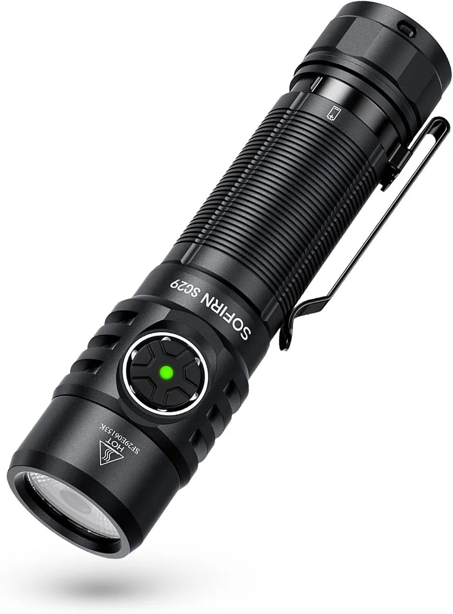 Compact aluminium flashlight with USB-C port, matte grey finish and pocket clip