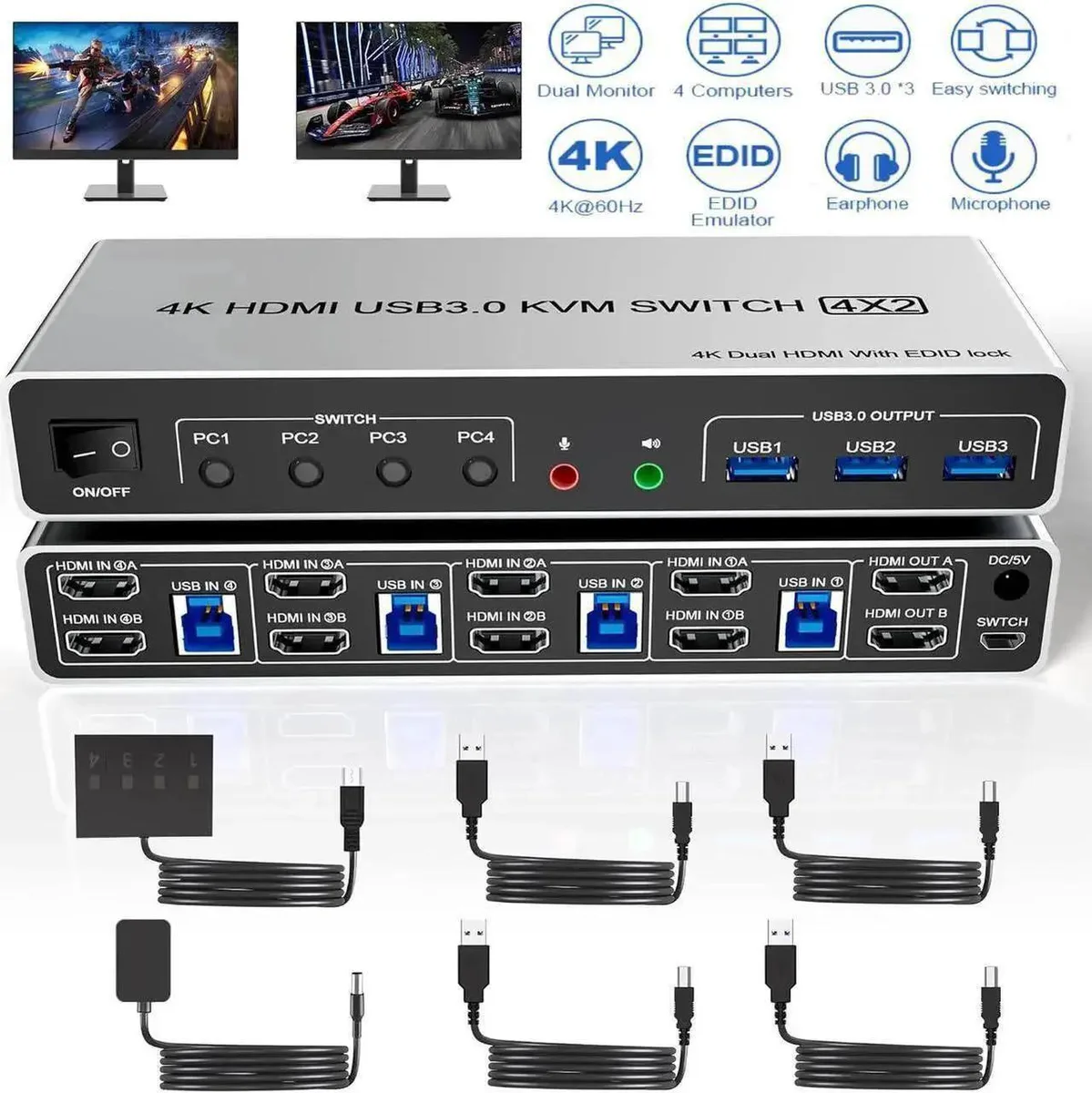 Vszerda Vszerda USB 3.0 Dual Monitor HDMI KVM Switch 4-Port 4K@60Hz — product photo
