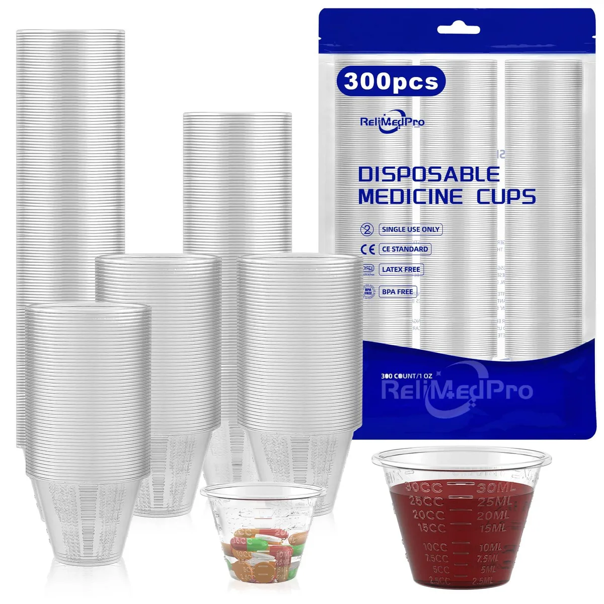 Pack of 300 translucent 1 oz graduated plastic cups in zip-lock bag