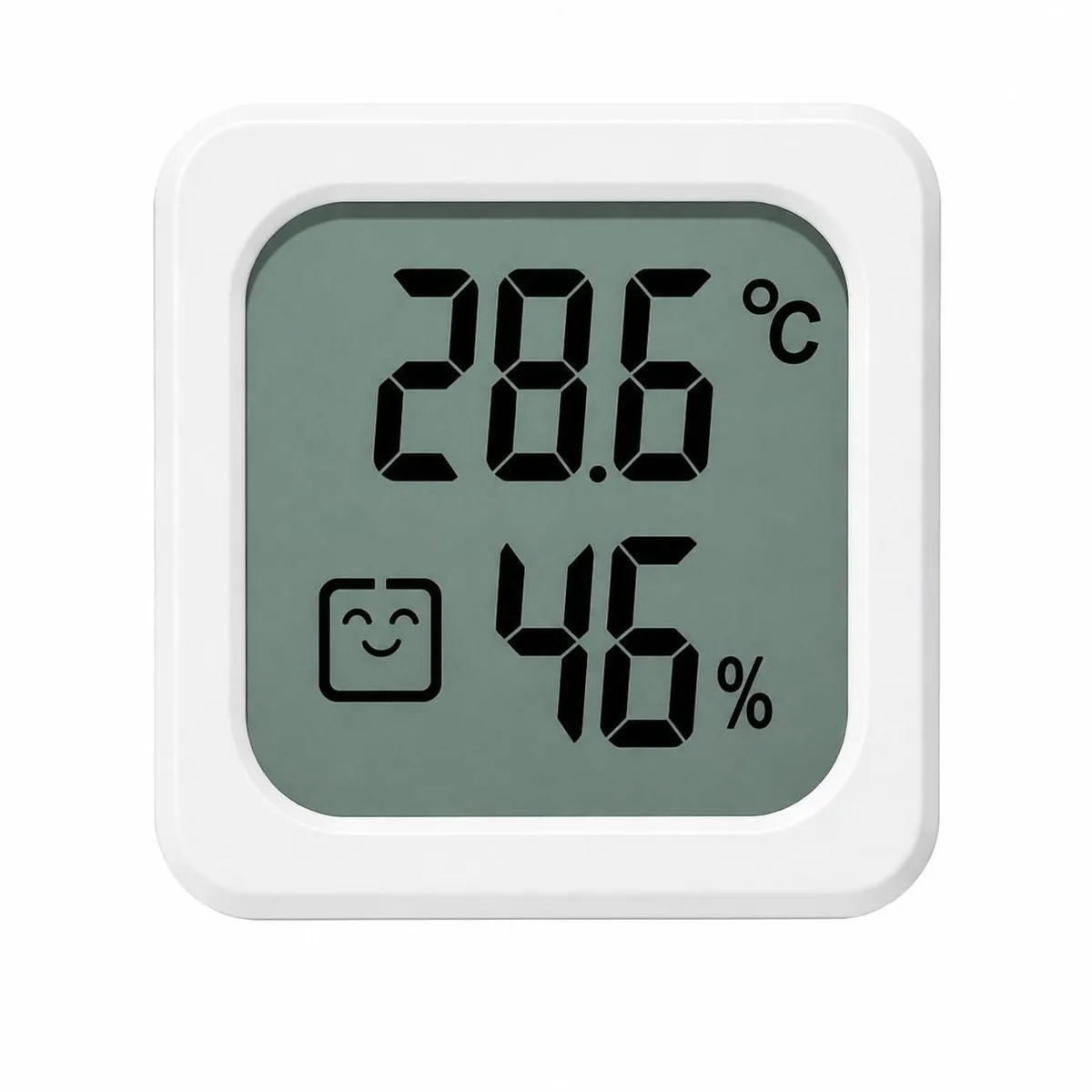 White mini cube digital thermometer hygrometer with LCD display showing temperature humidity comfort icons
